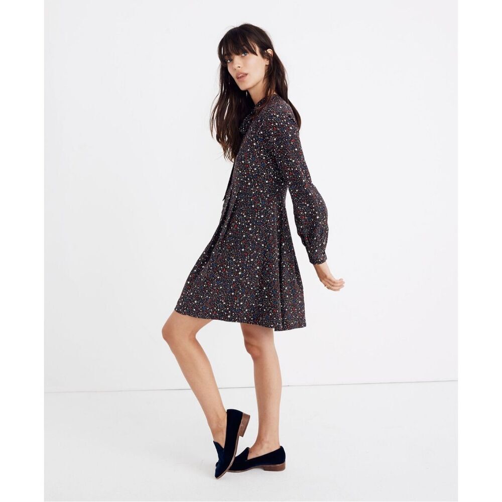 Madewell Balsam Tie-Neck Silk Dress – Size 6 | Starry Night Navy Long Sleeve Shi